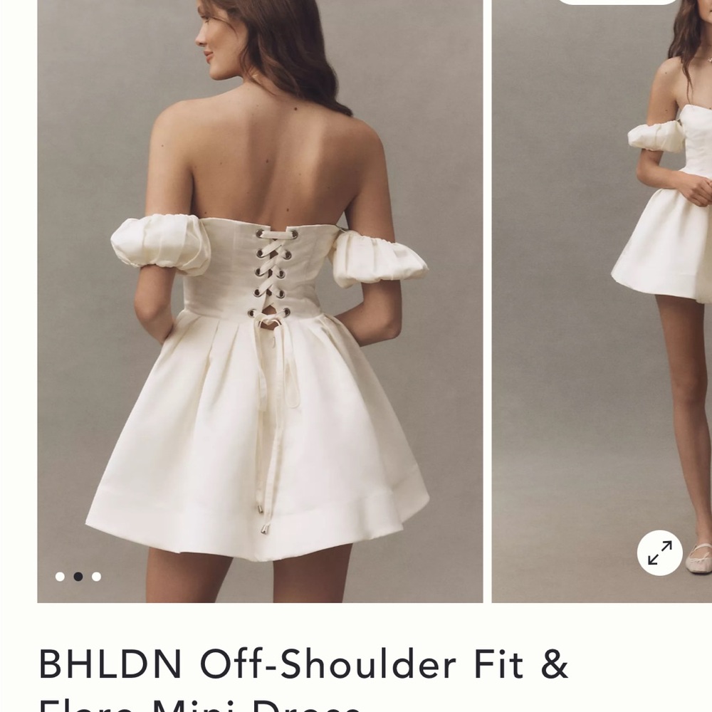 BHLDN Off-Shoulder Mini Dress in White with Puff Sleeves